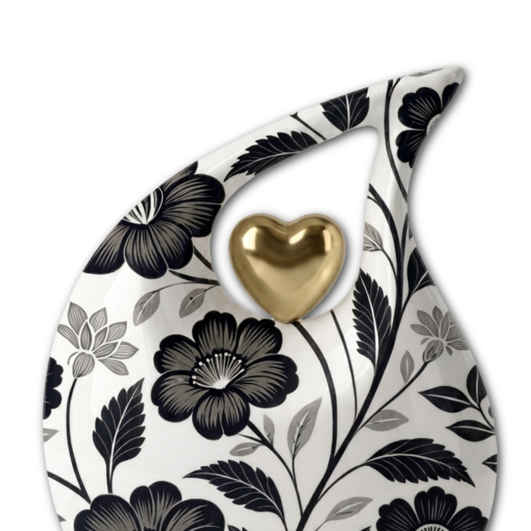 Black White Floral Design Teardrop Cremation Urn for Human Ashes Urns Your Love