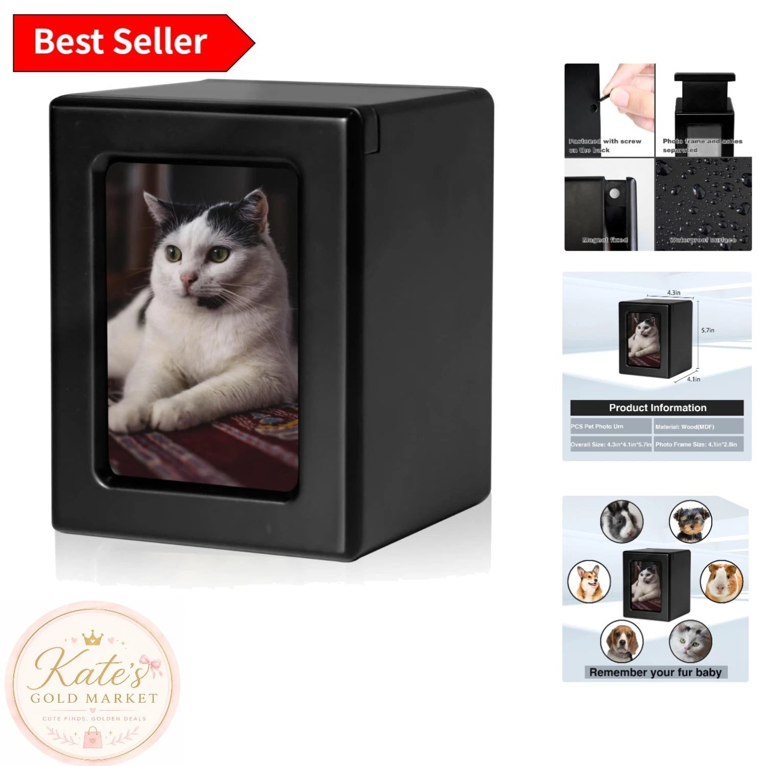Sliding Photo Frame Cat Urn – Polished Black Wooden Memorial for Cherished Pets