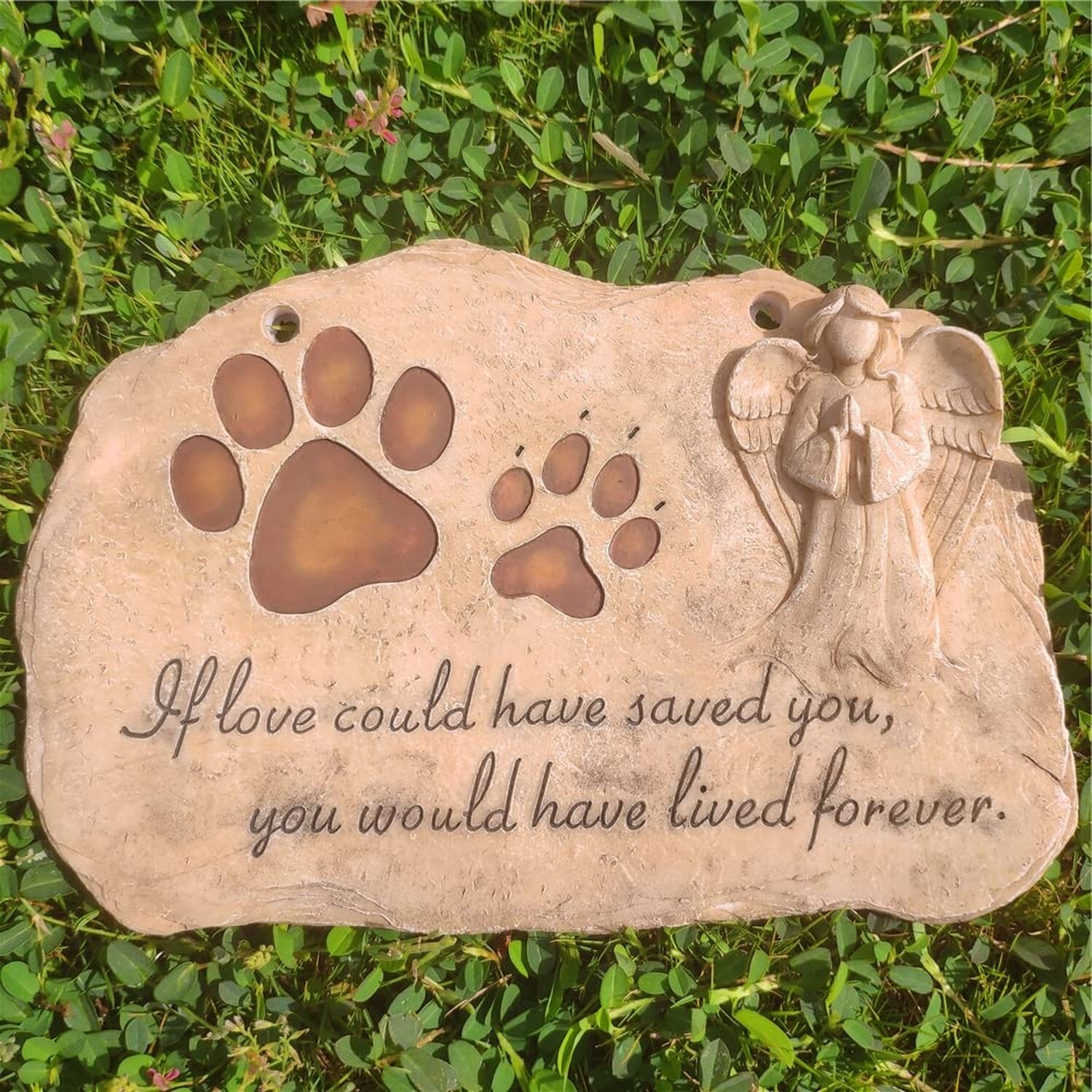 Paw Prints Pet Dog Cat Memorial Stones with Angel Statue Sympathy, 11”L x 7.5”W