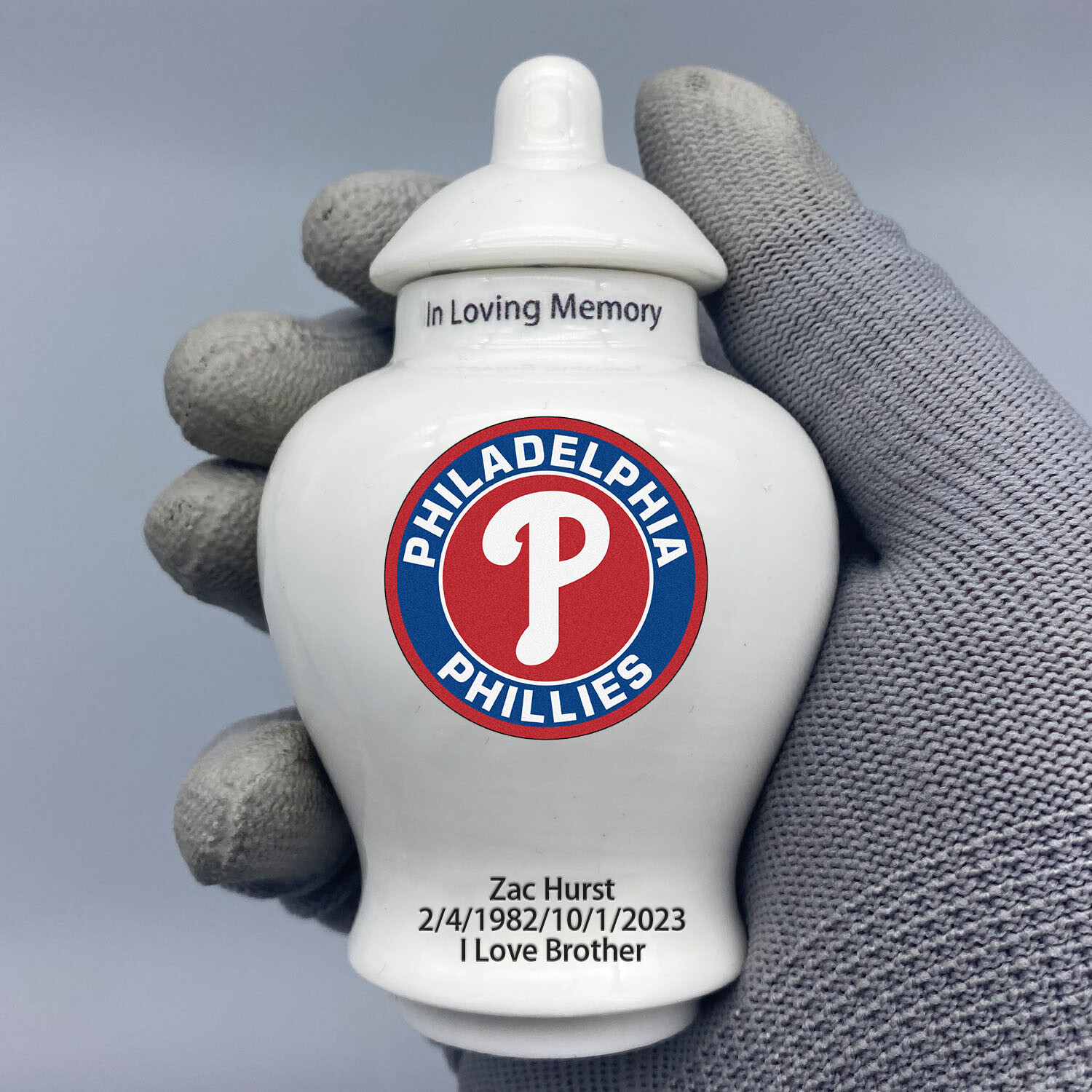 Ceramic Mini Urn in Philadelphia Phillies Baseball Style, Custom Text & Number