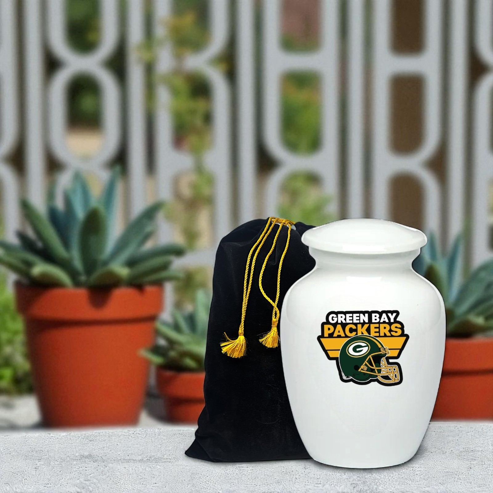 Green Bay Packers Football Style Cremation Urn Adult Ashes White Metal 8 In Urns