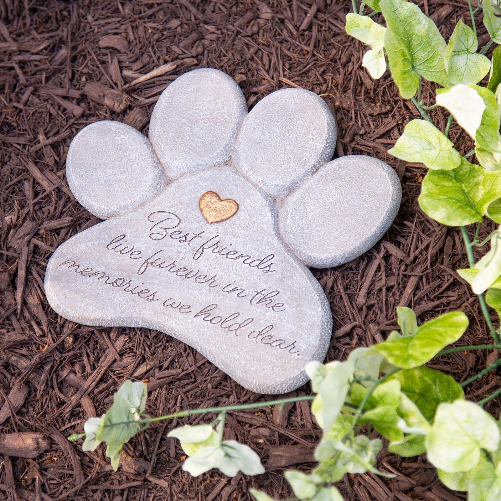 11″ Paw Shaped Pet Memorial Garden Stone, Best Friends Live Forever