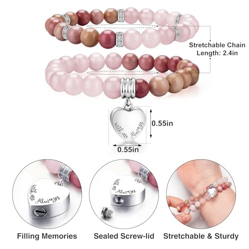 2Pcs Dainty Crystal Cremation Memorial Urn Bracelet Stretch Heart Pink