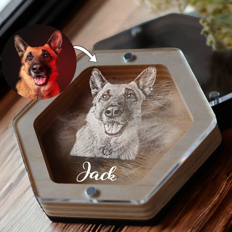 Custom Dog Fur Memorial Box, Engraved Pet Loss Gifts, Dog Portrait Gift