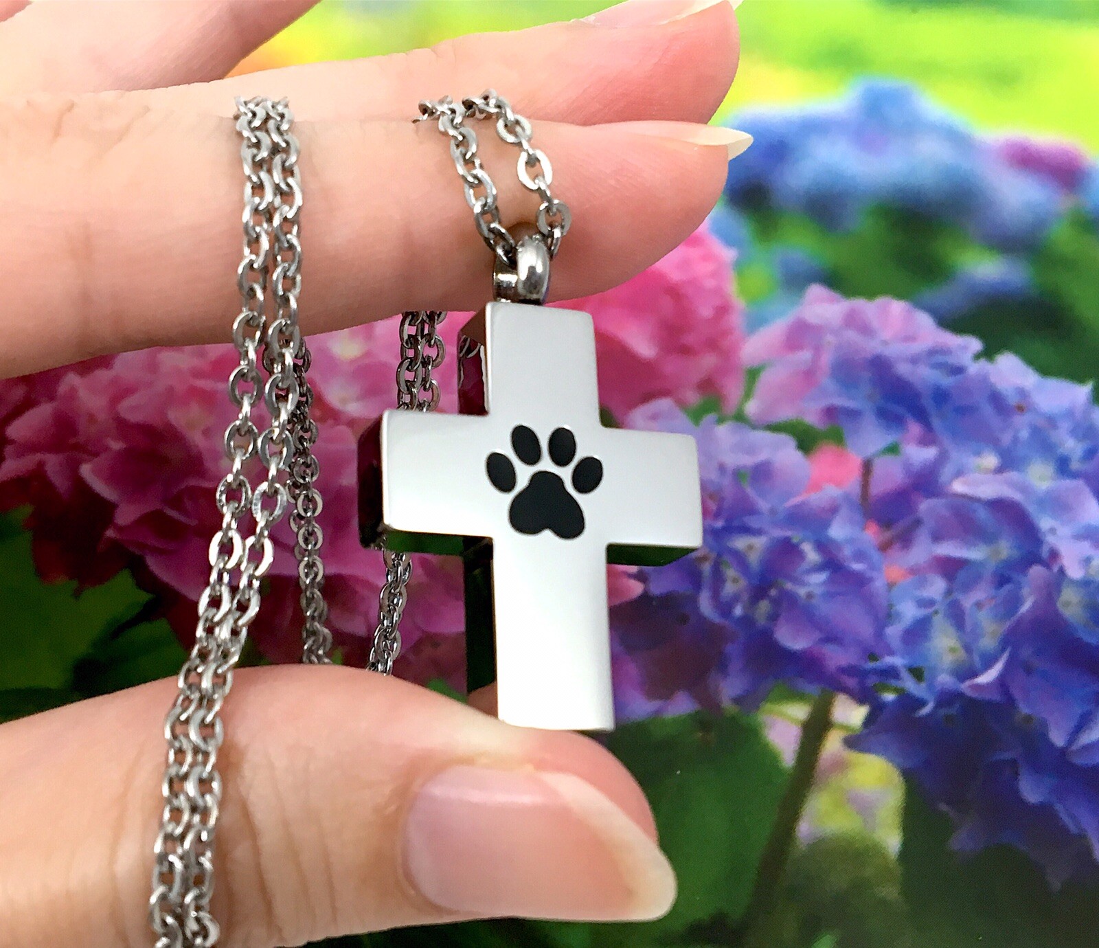 Cross Pet Cremation Necklace Chain Jewelry Pendant Urn Angel Paw Print Dog Cat