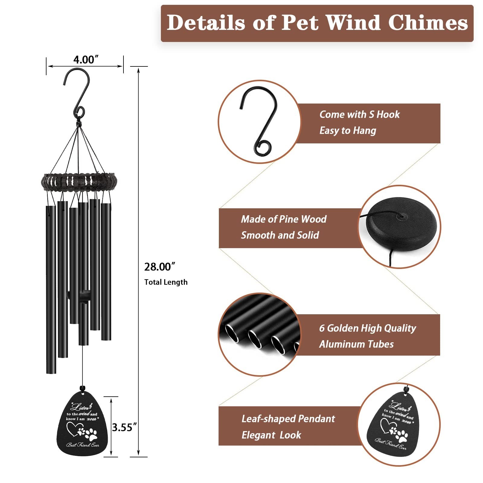 VENBEEL 28″ Pet Sympathy Wind Chimes, Dog Memorial Gifts for Loss of Dog, Los…