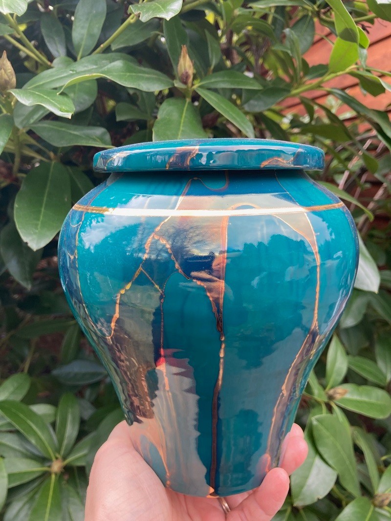 Handmade Ceramic Cremation Urn, Keepsake Vessel in Teal w/Gold, 150 cubic inch