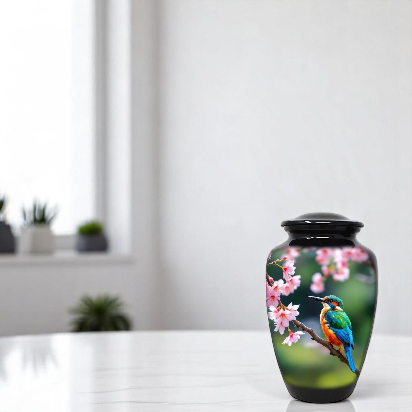 Large Adult Urn for Human Ashes Kingfisher Bird Cherry Blossom Urn with Bag