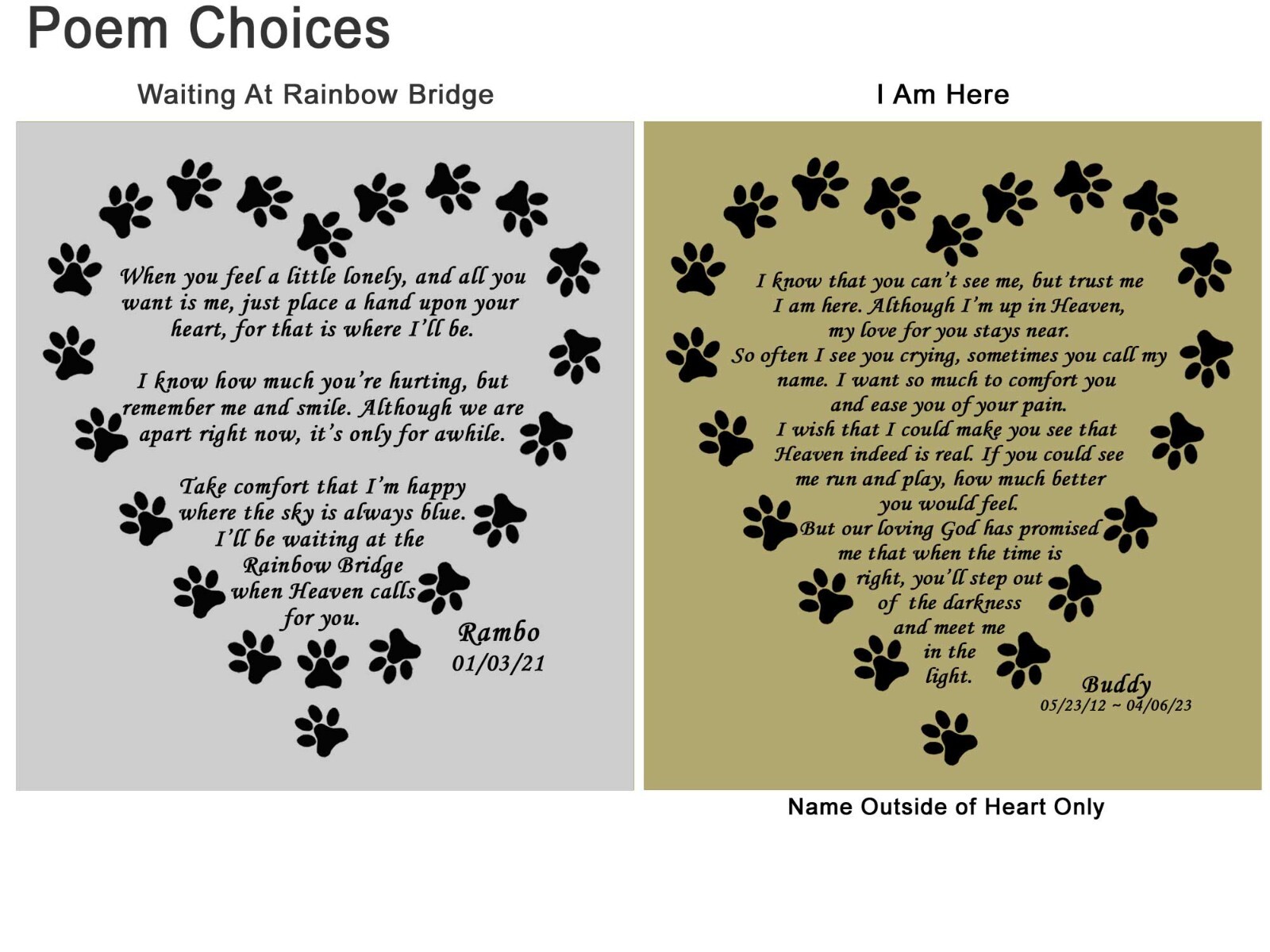 Custom Engraved Pet Name Plate, Pet Loss Poem Plate, Multiple Choices, Dog, Cat