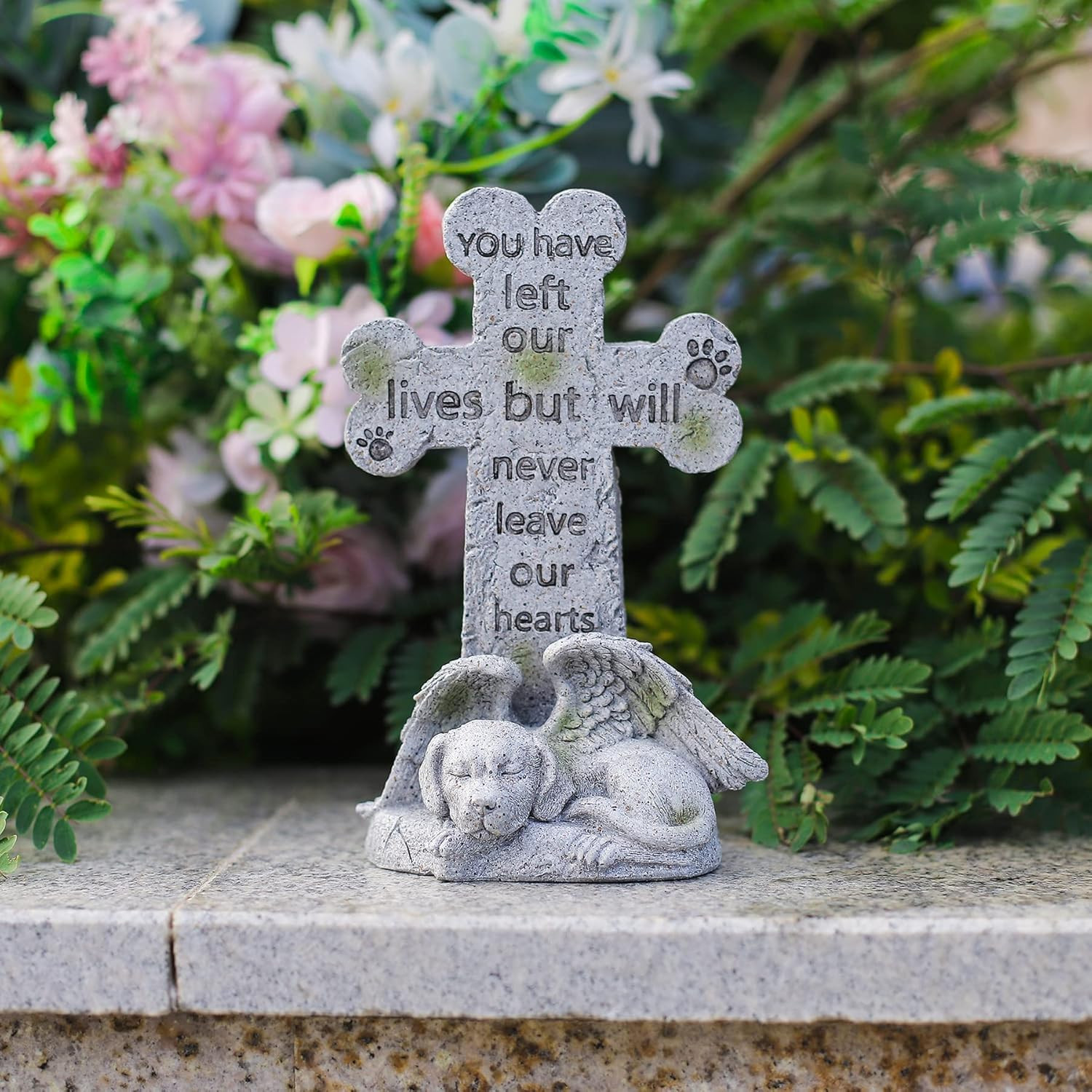 Memorial Statue – Sleeping Dog Angel Cross Tombstone, Grave Marker for Deceased