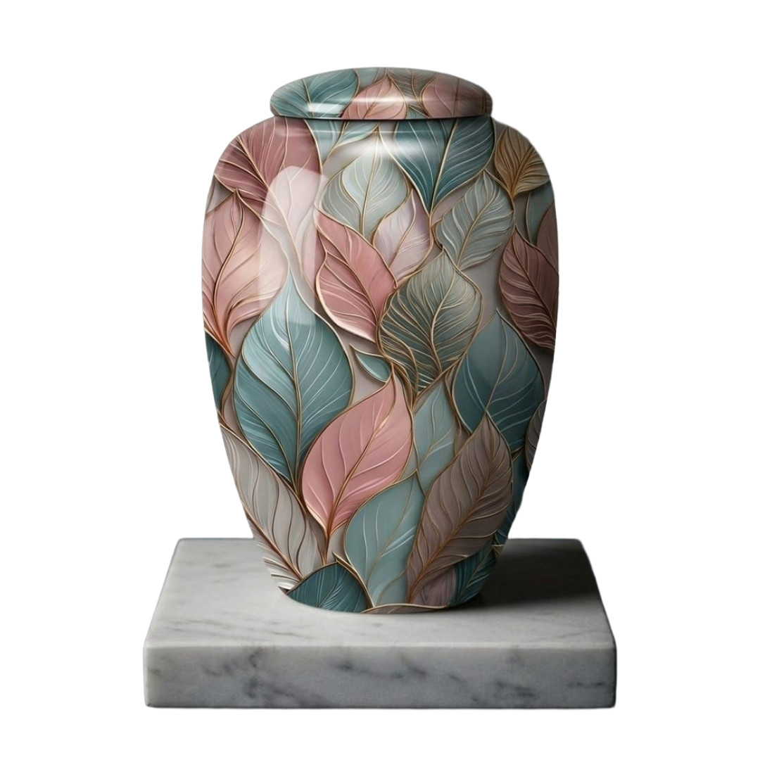 Pastel Leaf Cremation Urn for Human Ashes – Adult Large 190 Cu/In Memorial + Bag
