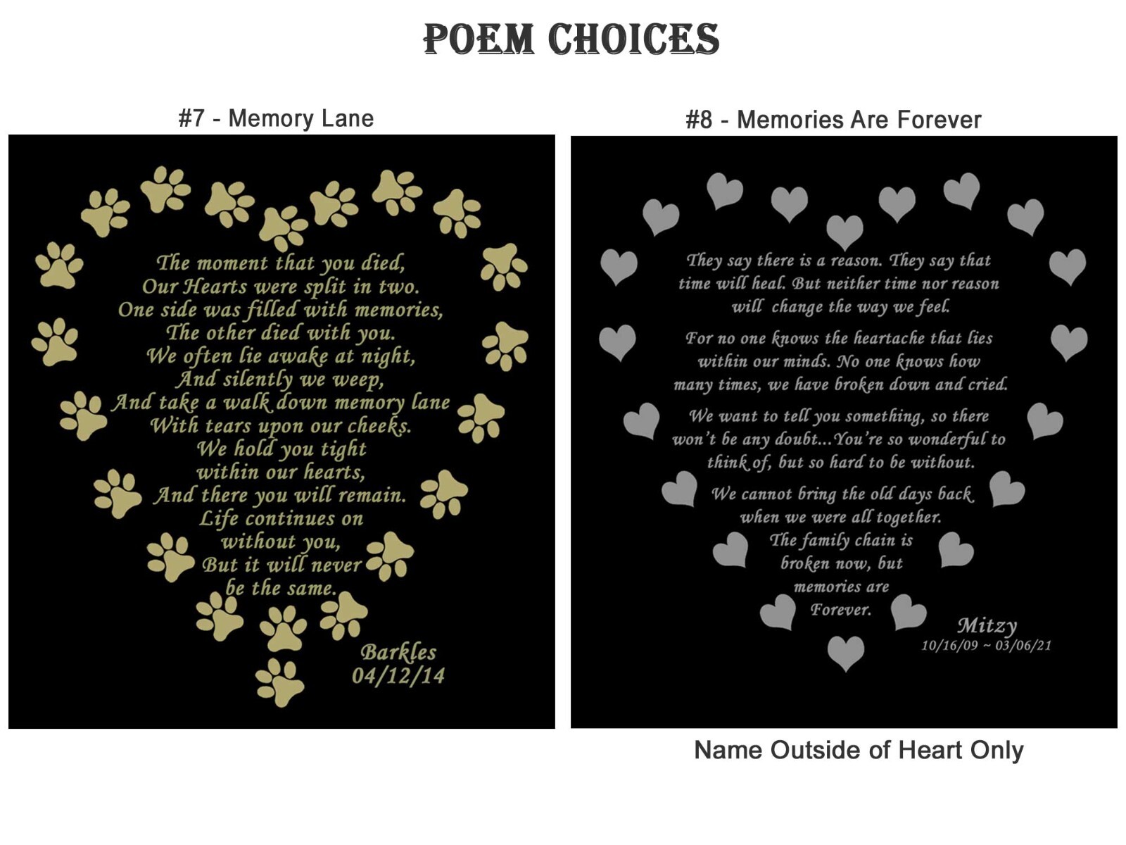 Engraved Pet Name Plate, Memorial Poem Plate, Many Poem Choices, Dog, Cat, Any