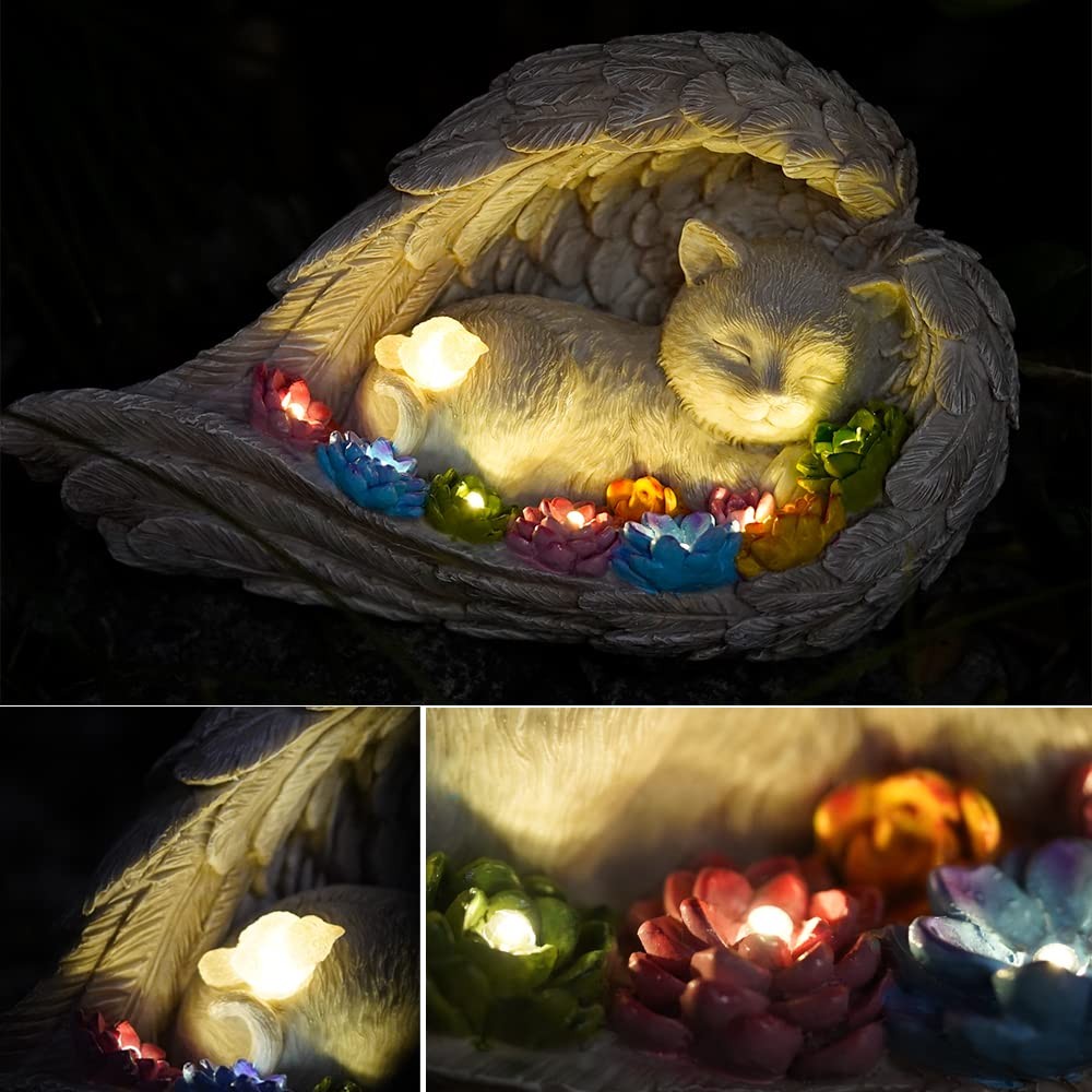 Cat Memorial Stone Solar Angel Statue Figurine Pet Garden Tombstone Decor