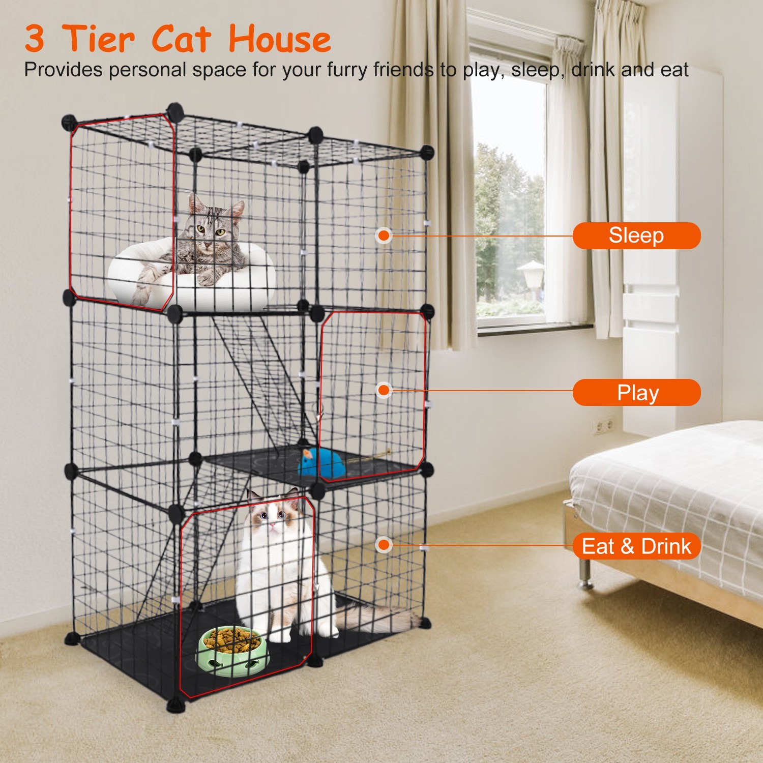 3 Tier Cat Playpen Cage Metal Indoor Cat House Detachable Kitten House With 3 Do