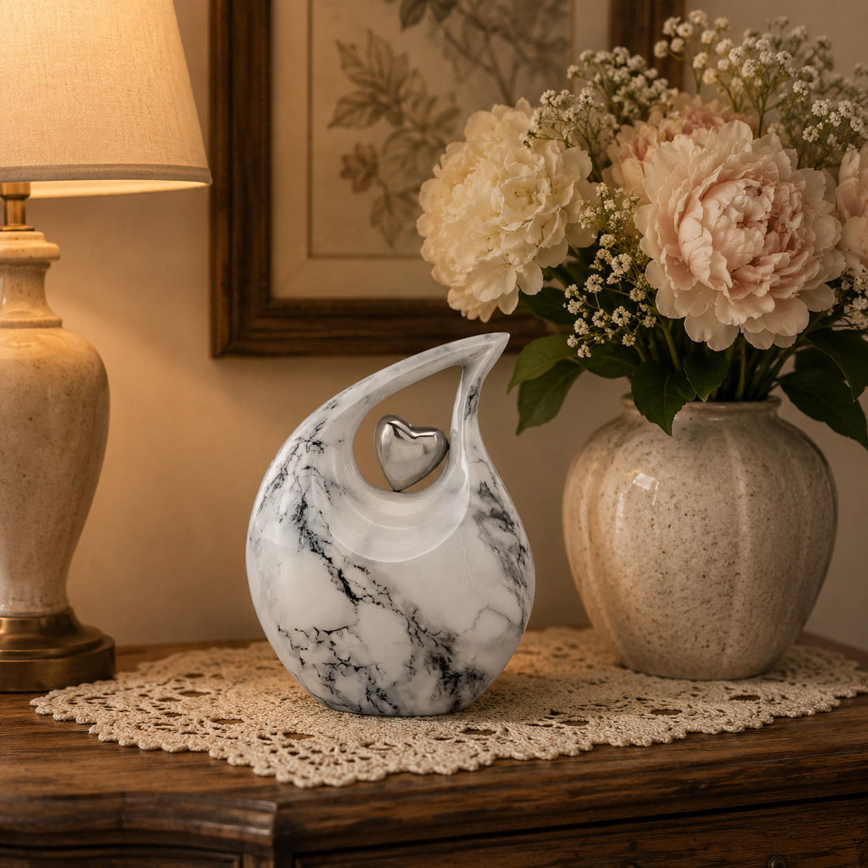White Black Marble Teardrop Cremation Urn Adult Human Ashes for Male & Female