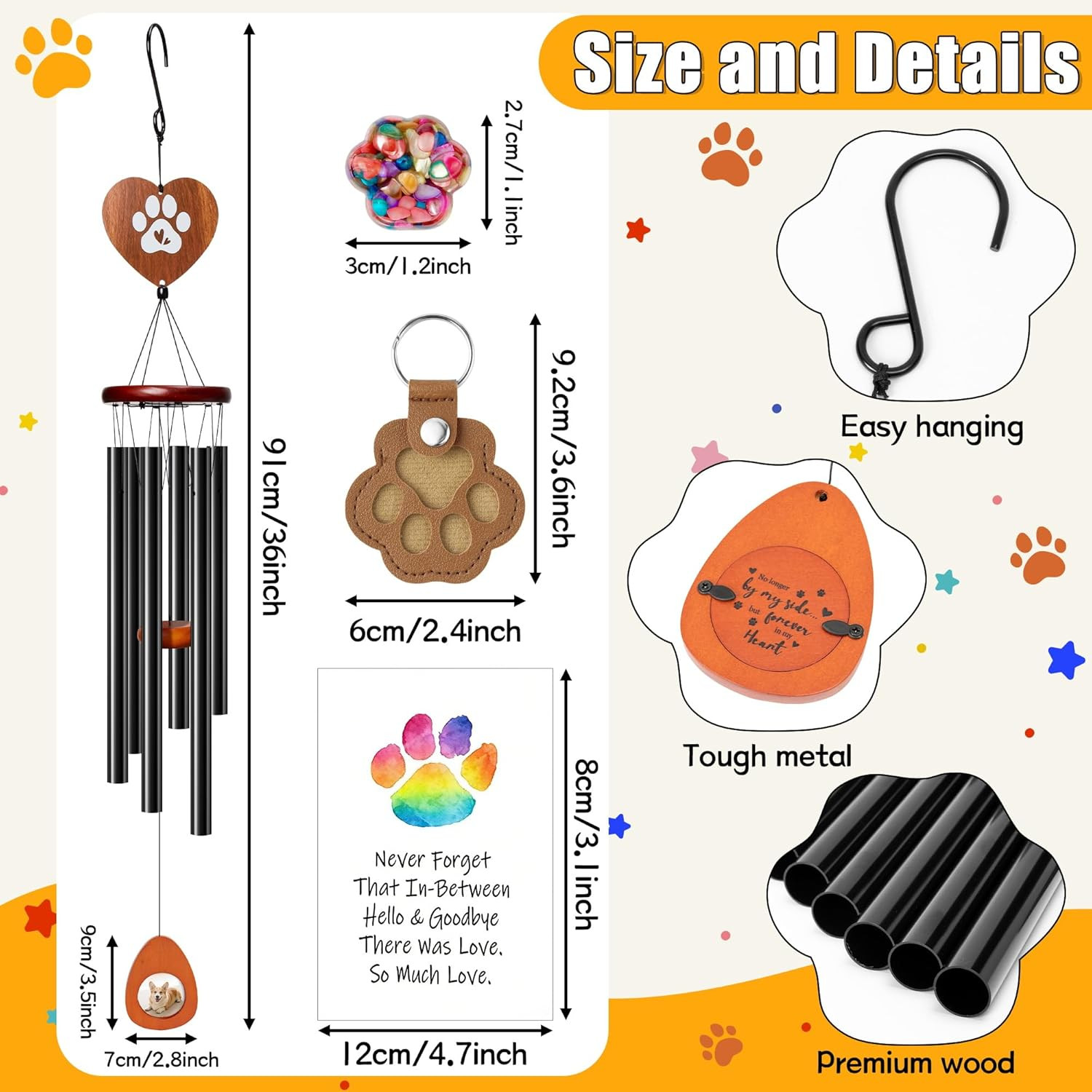 Dog Memorial Wind Chimes – 36” Pet Memorial Gift with Wooden Base, Pawprint Orn