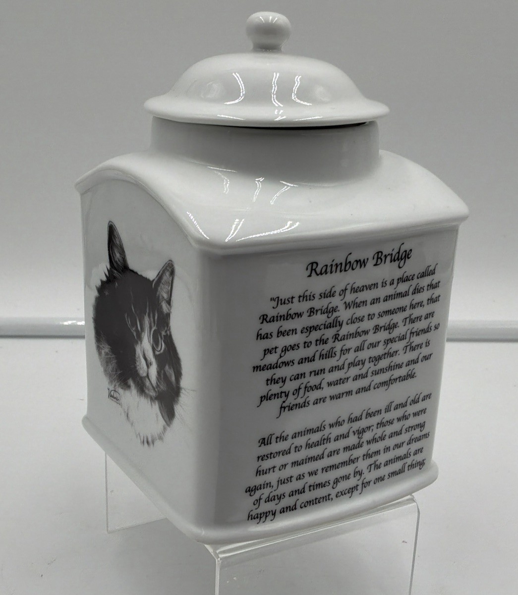 Rosalinde Rainbow Bridge Cat Urn Porcelain Pet Memorial Keepsake Jar USA