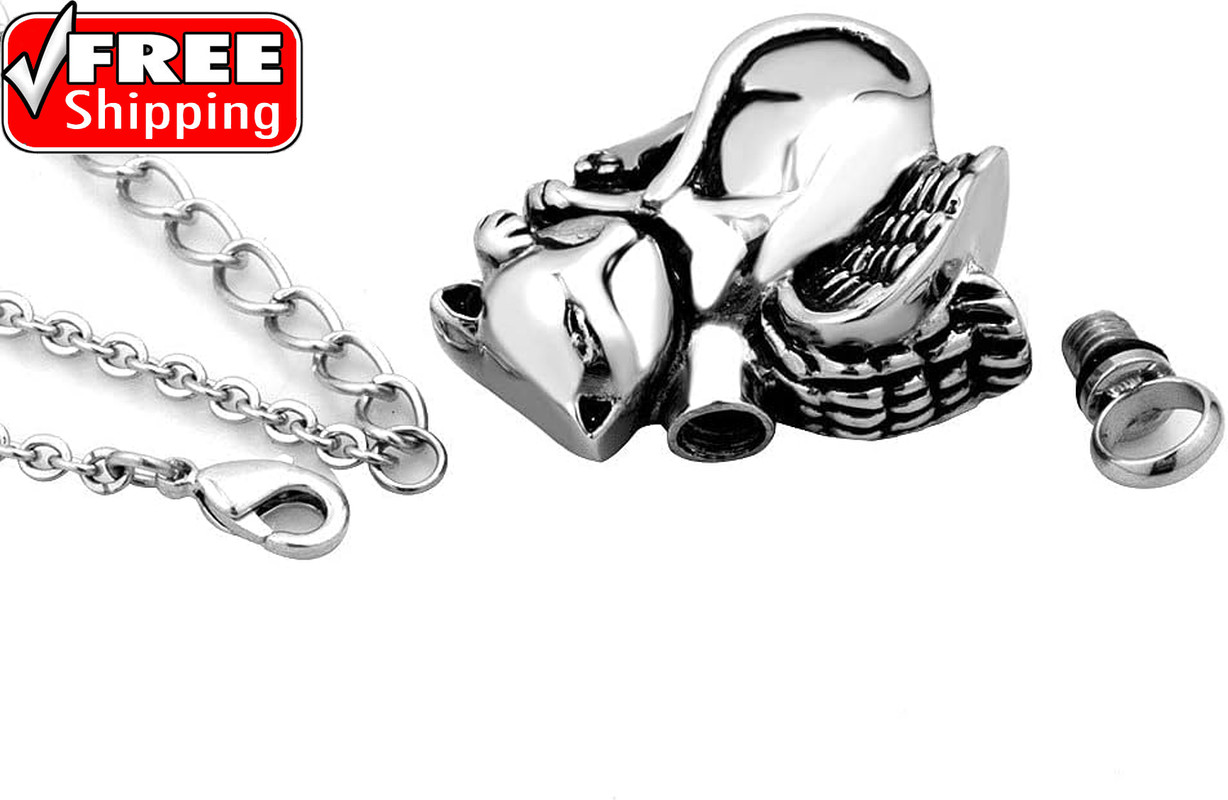 Cute Angel Cat Pet Urn Necklace for Ashes Cremation Jewelry Memorial Animal Stai
