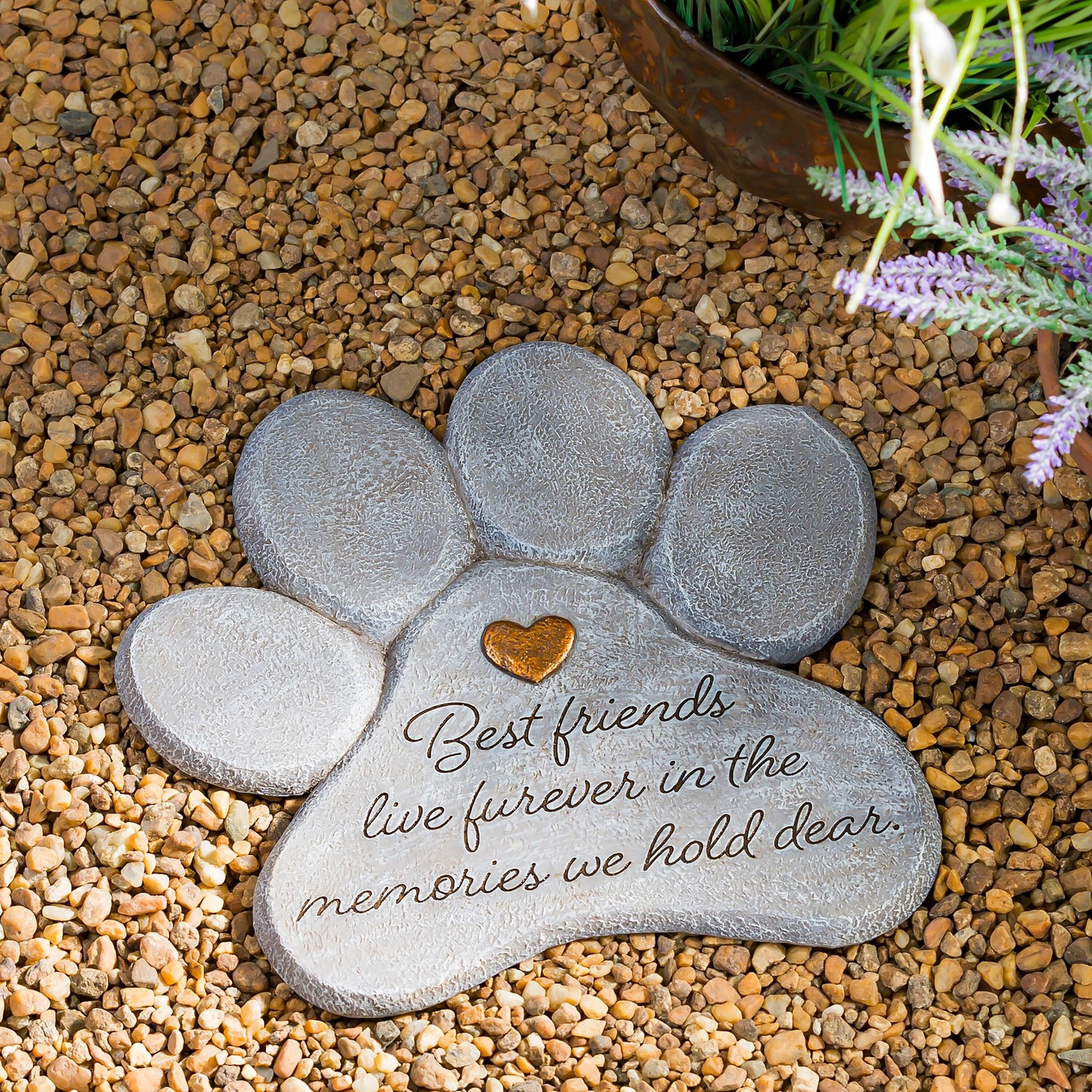 11″ Paw Shaped Pet Memorial Garden Stone, Best Friends Live Forever