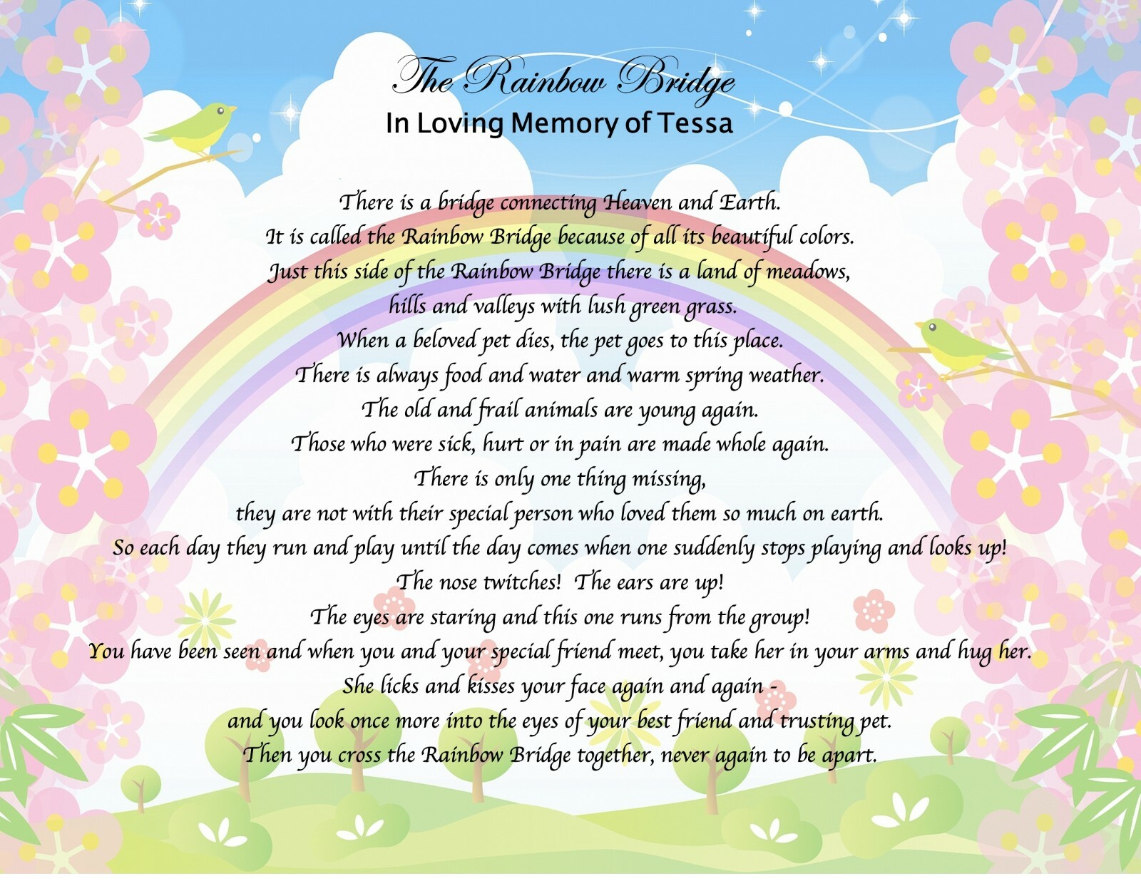 Pet Memorial Poem RAINBOW BRIDGE Personalized UNFRAMED Art Print Gift Dog, Cat