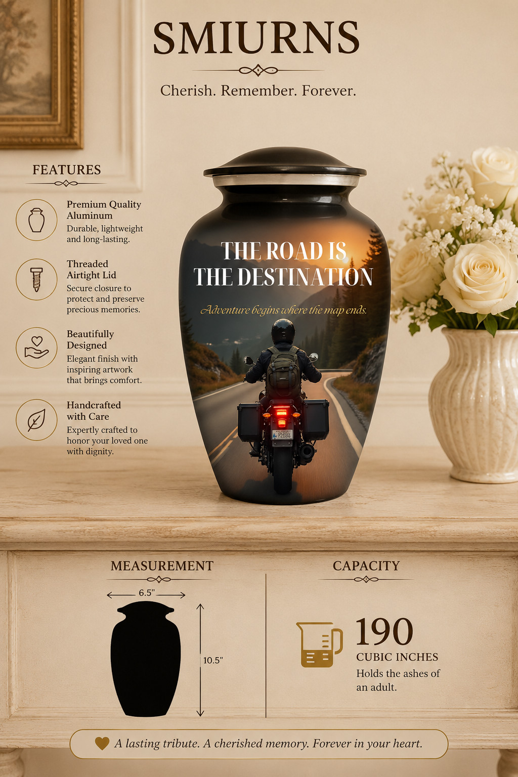 Large Adult Cremation Urn Human Ashes Biker Motorcycle Memorial Urn 190 Cu In