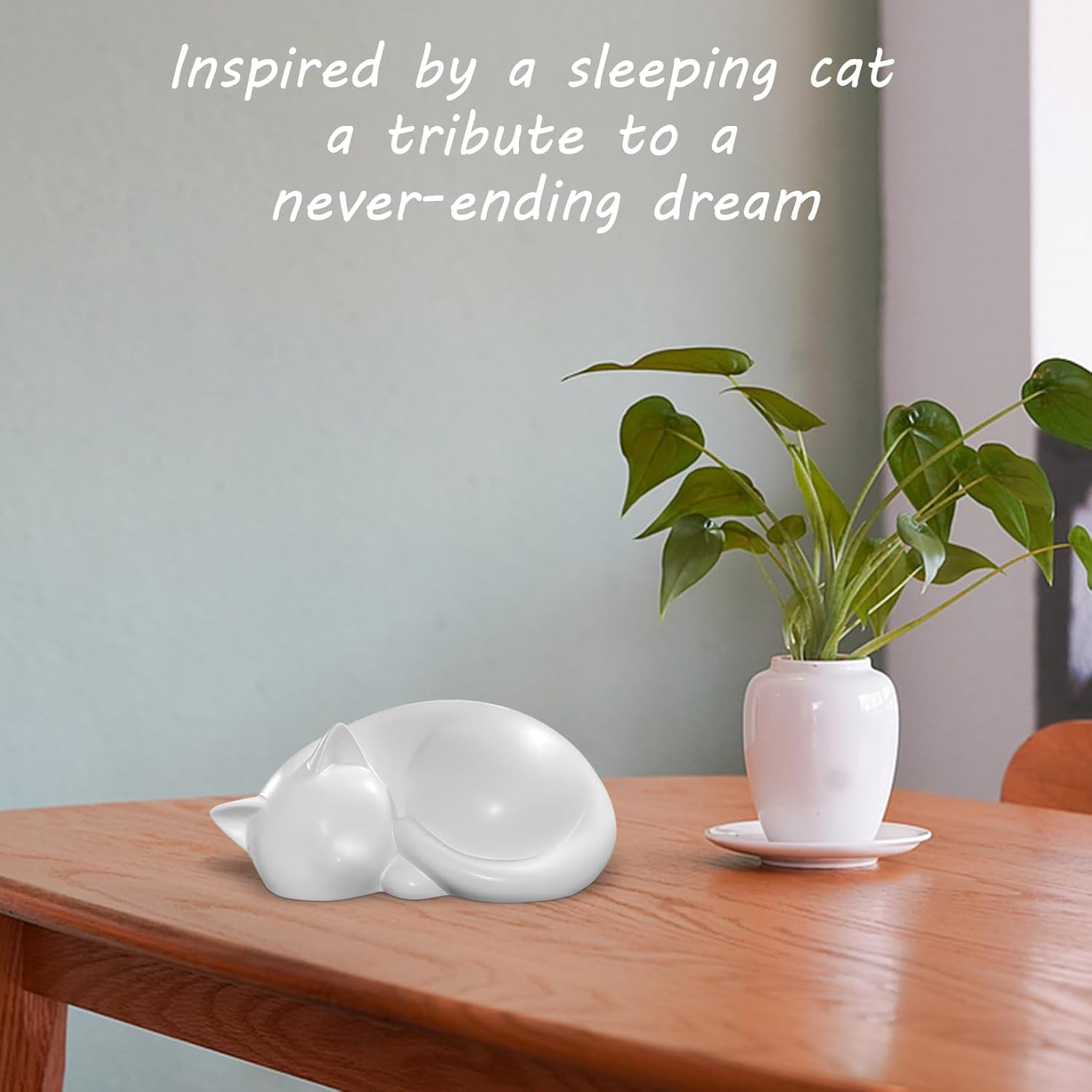 Handmade Sleeping Cat Urn for Ashes – Elegant White Pet Memorial Statue, Indoor