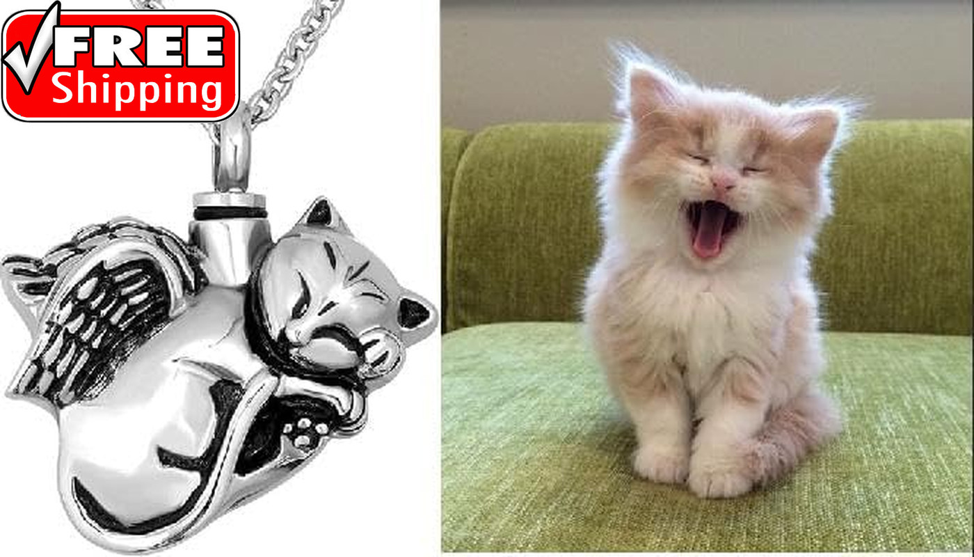 Cute Angel Cat Pet Urn Necklace for Ashes Cremation Jewelry Memorial Animal Stai