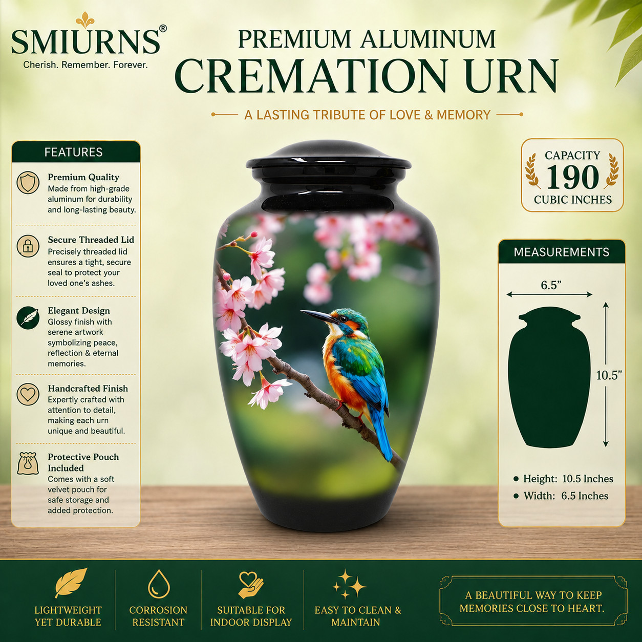 Large Adult Urn for Human Ashes Kingfisher Bird Cherry Blossom Urn with Bag