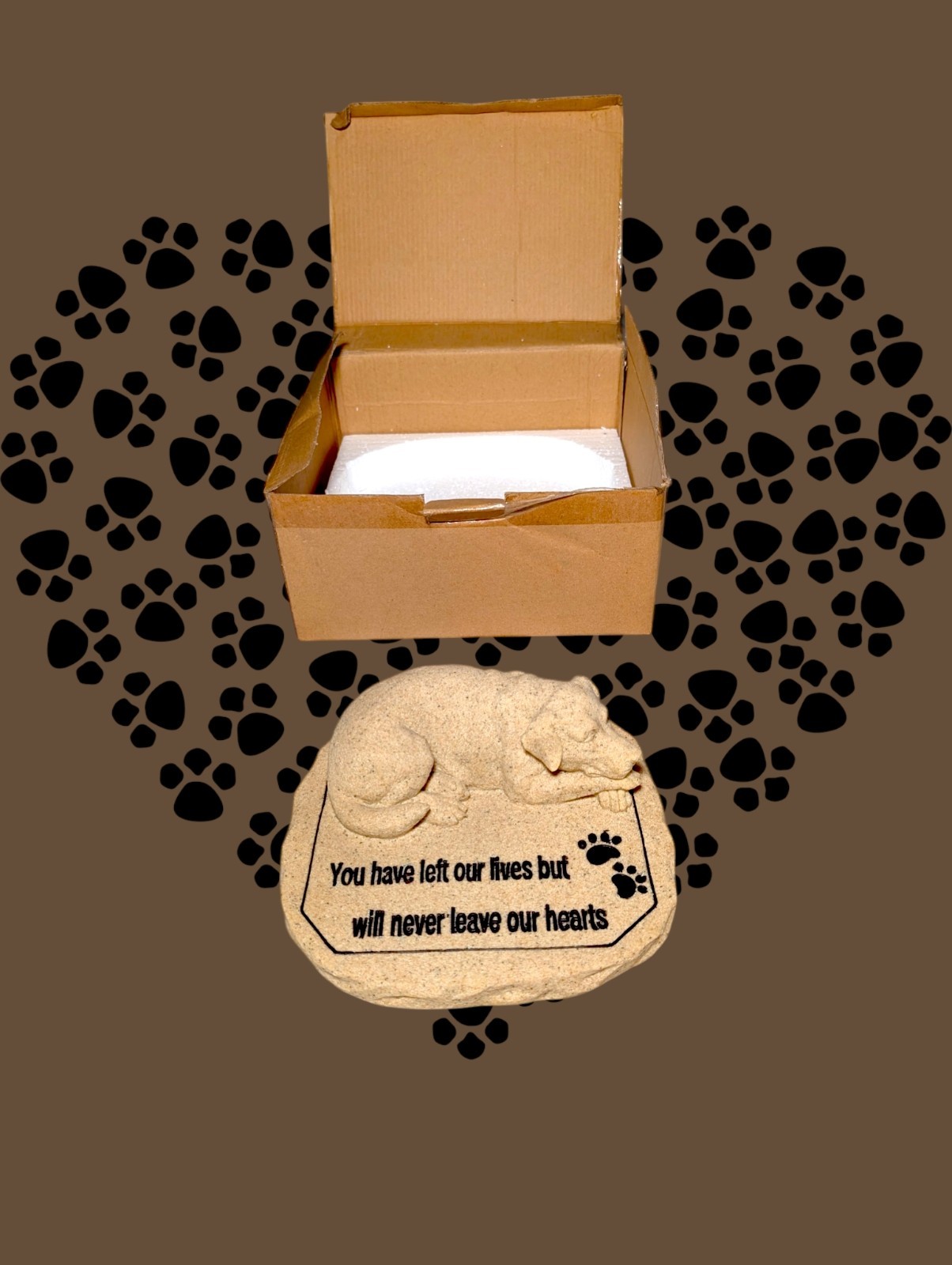 PET DOG Memorial Stone PAW PRINTS Free Standing Remembrance 3D Brown Plaque