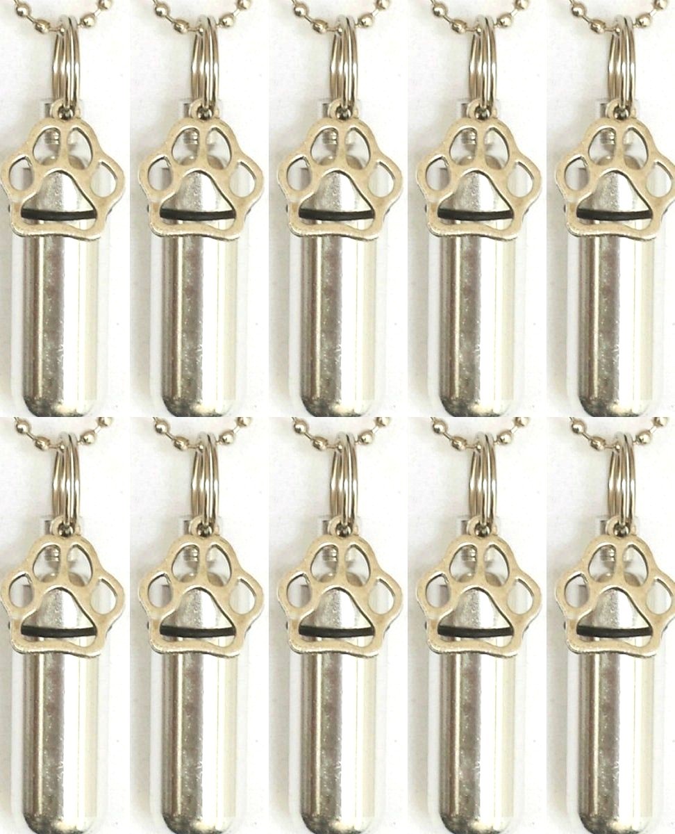 Set of 10 Silver Pet/Dog/Cat PAW CREMATION URN Necklaces, with Velvet Pouches