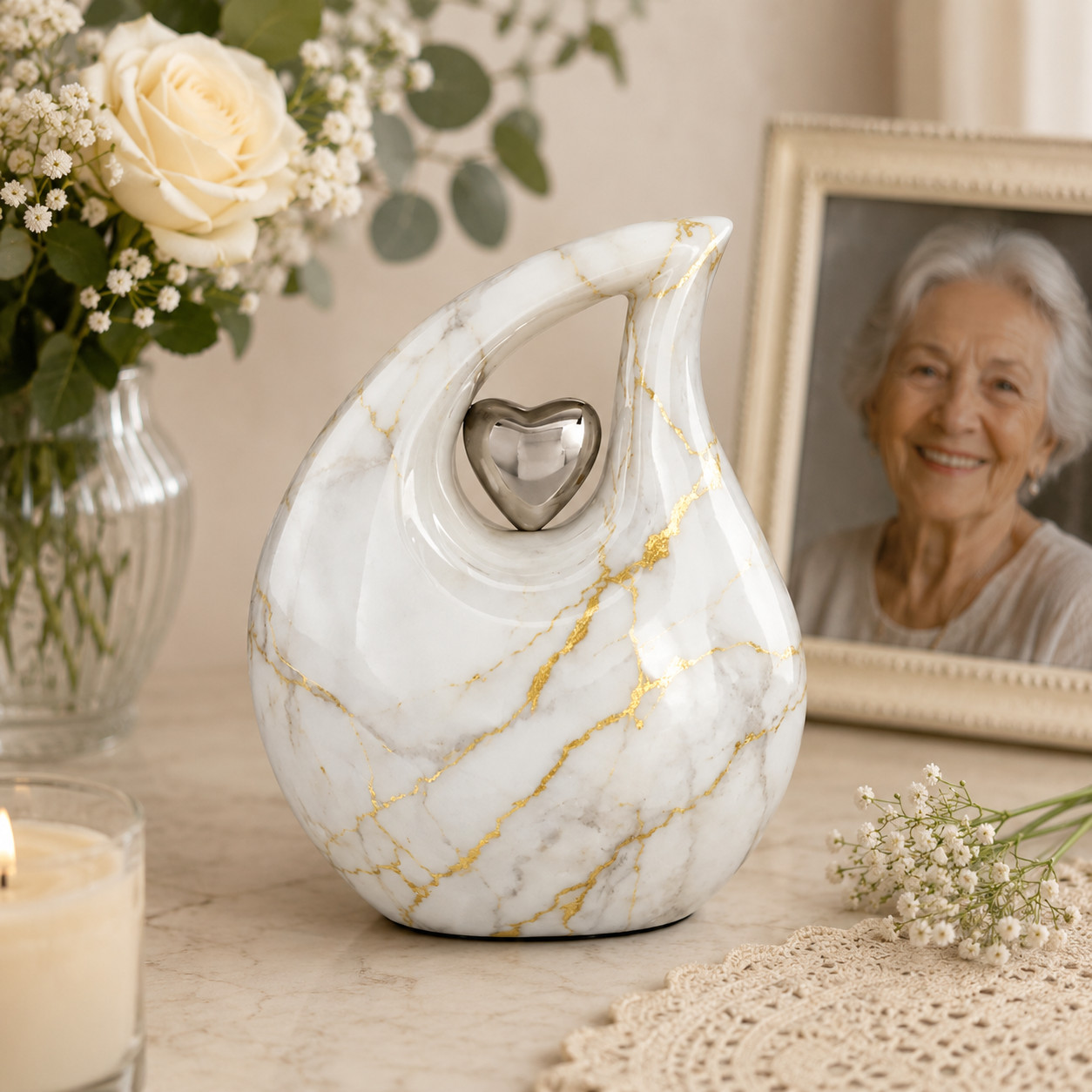 White Gold Marble Teardrop Cremation Urn Adult Human Ashes for Your Love Ones