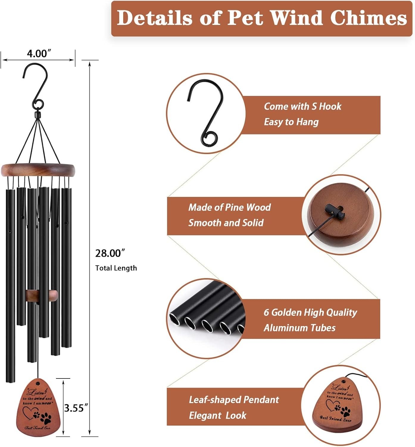 28″ Dog Pet Memorial Wind Chime Sympathy Gift Aluminum Decor