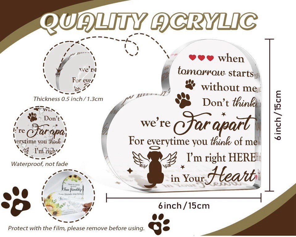 PET Memorial Sympathy Gift for Loss Bereavement Crystal Acrylic Heart 6x6x.5”.N