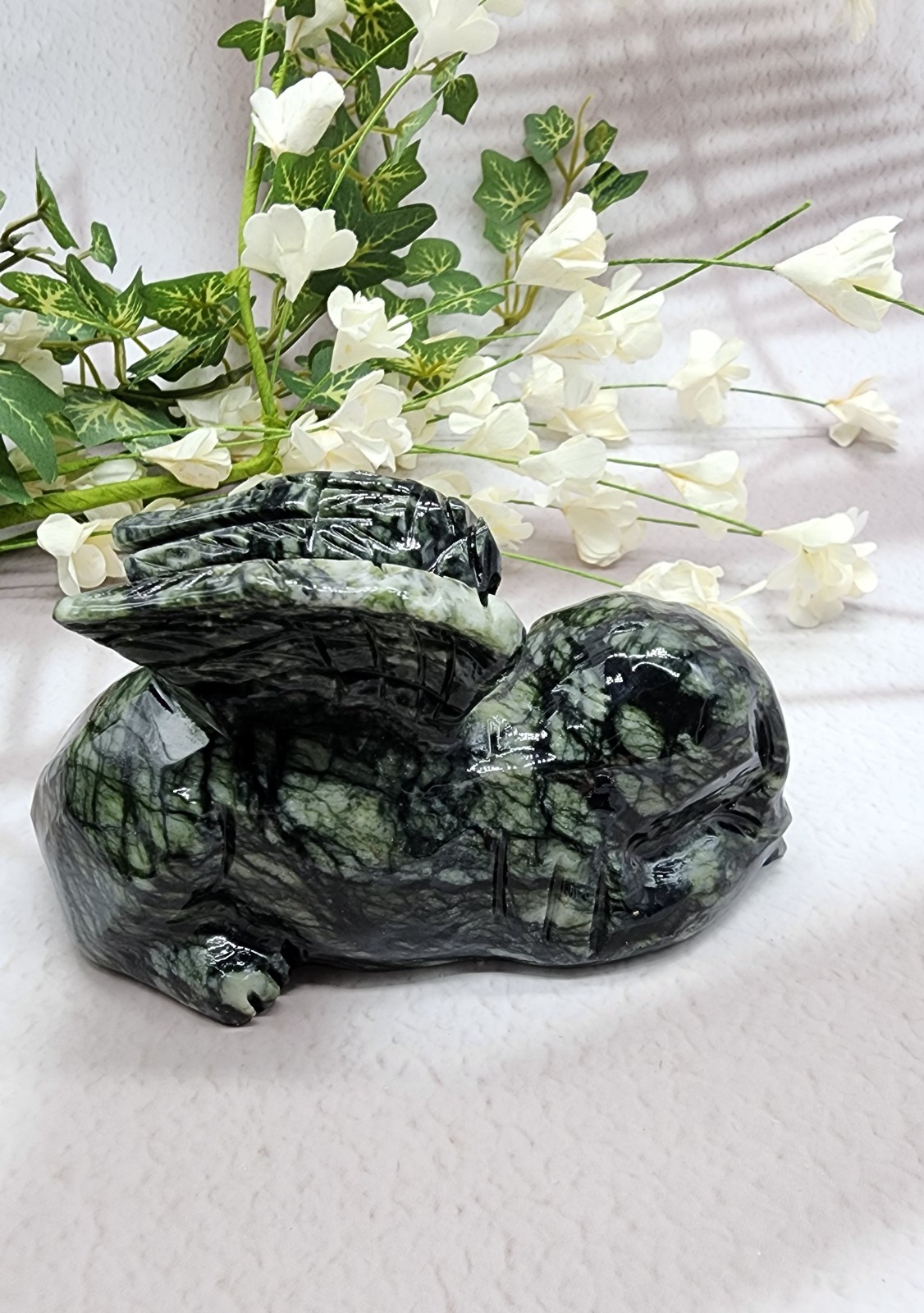 Xiuyan Jade Winged Angel Dog Pet Memorial, Pet Loss Gift, Gemstone Carving