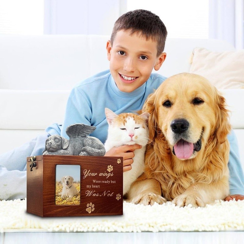 Wooden Pet Ashes Urn Memorial Keepsake Box W/ Photo Frame Beloved Dogs New