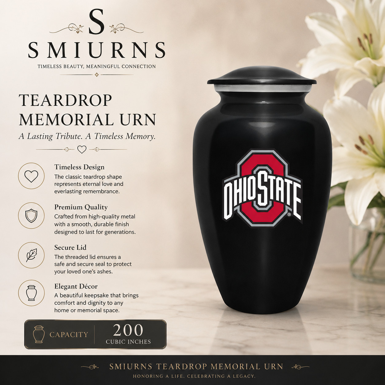 Ohio State Buckeyes Cremation Urn Memorial Black Adult Human Ashes for Men Women