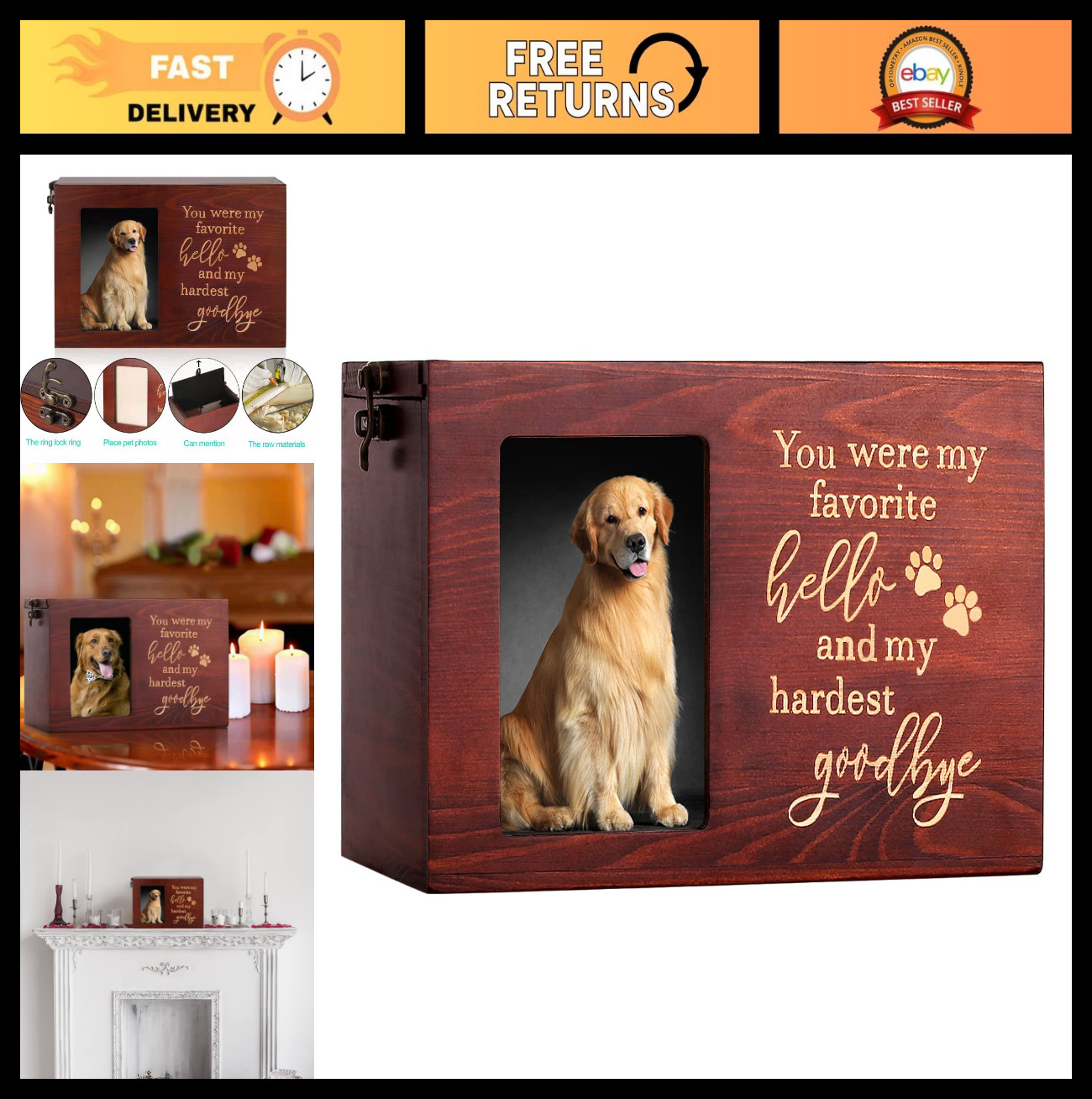 Large Wooden Pet Memorial Urn for Dog or Cat Ashes, Cremation Box with Photo Fra
