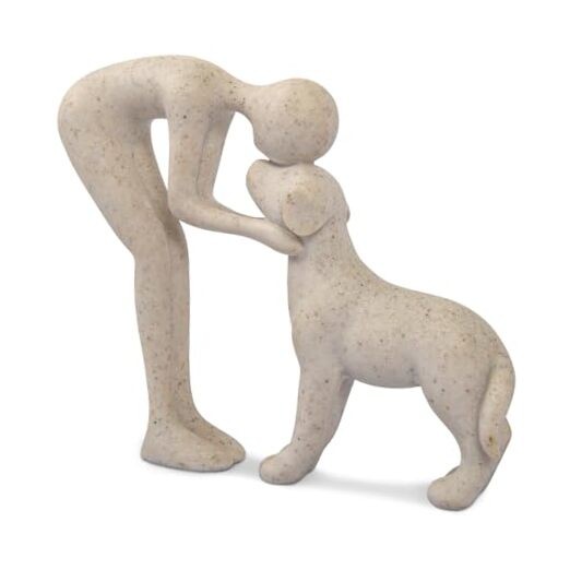 Abstract Resin Hand-Painted Sculpture of Person and Dog Bonding – Sandstone
