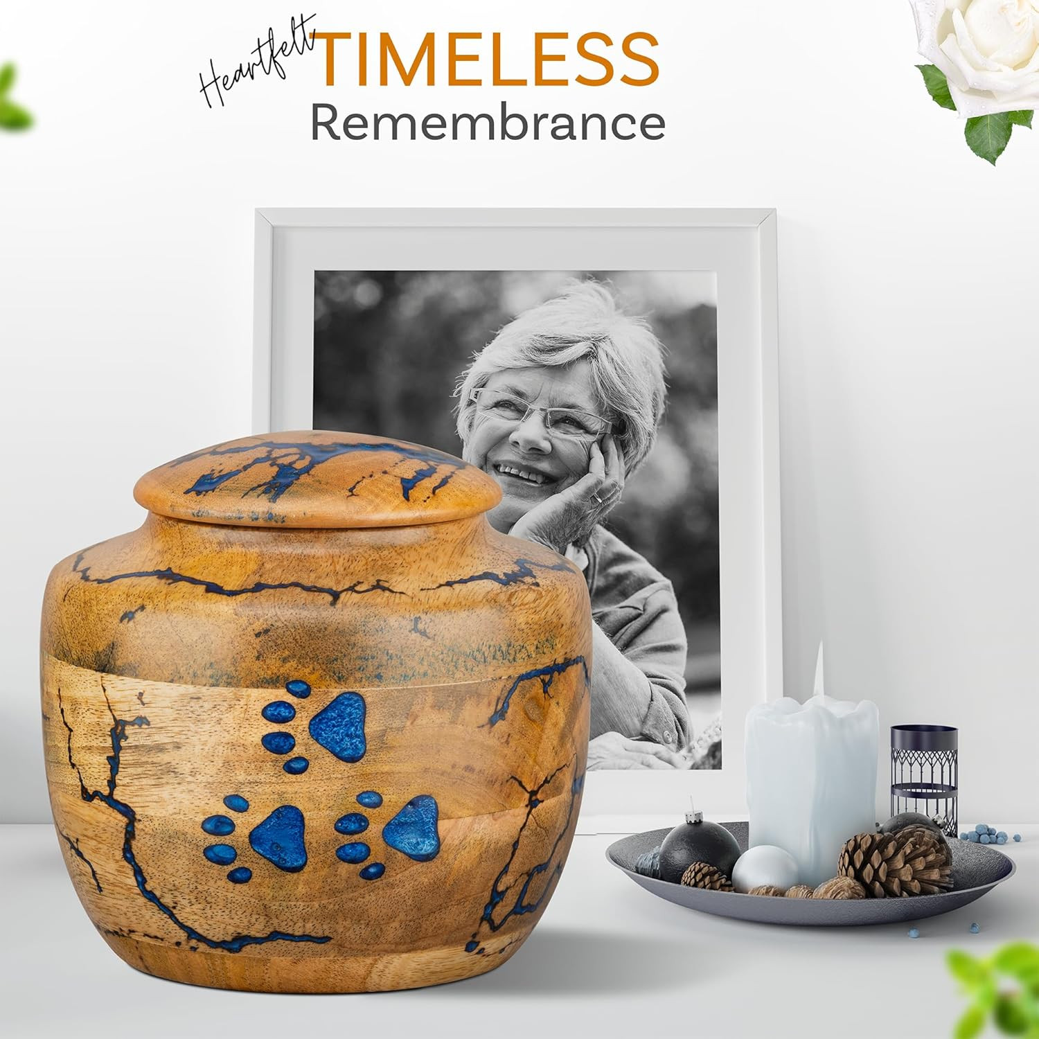 Elegant Wooden Pet Urn with Blue Resin Paws – Medium Size Memorial Box