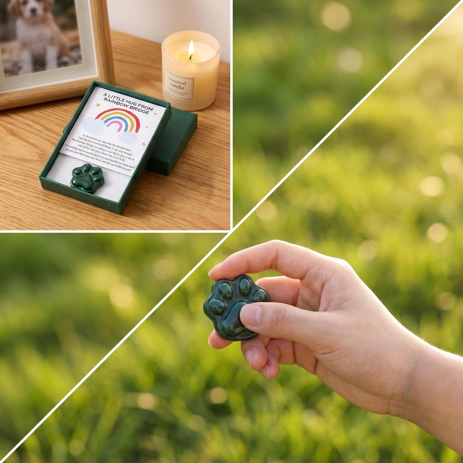 LINGYUAN Green Agate Pet Memorial Gift, Natural Paw Print Stone with Rainbow …
