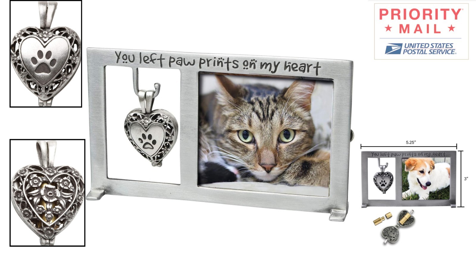 Paw Prints on My Heart Pet Memorial Frame with Ash Vial for Keepsakes Silver