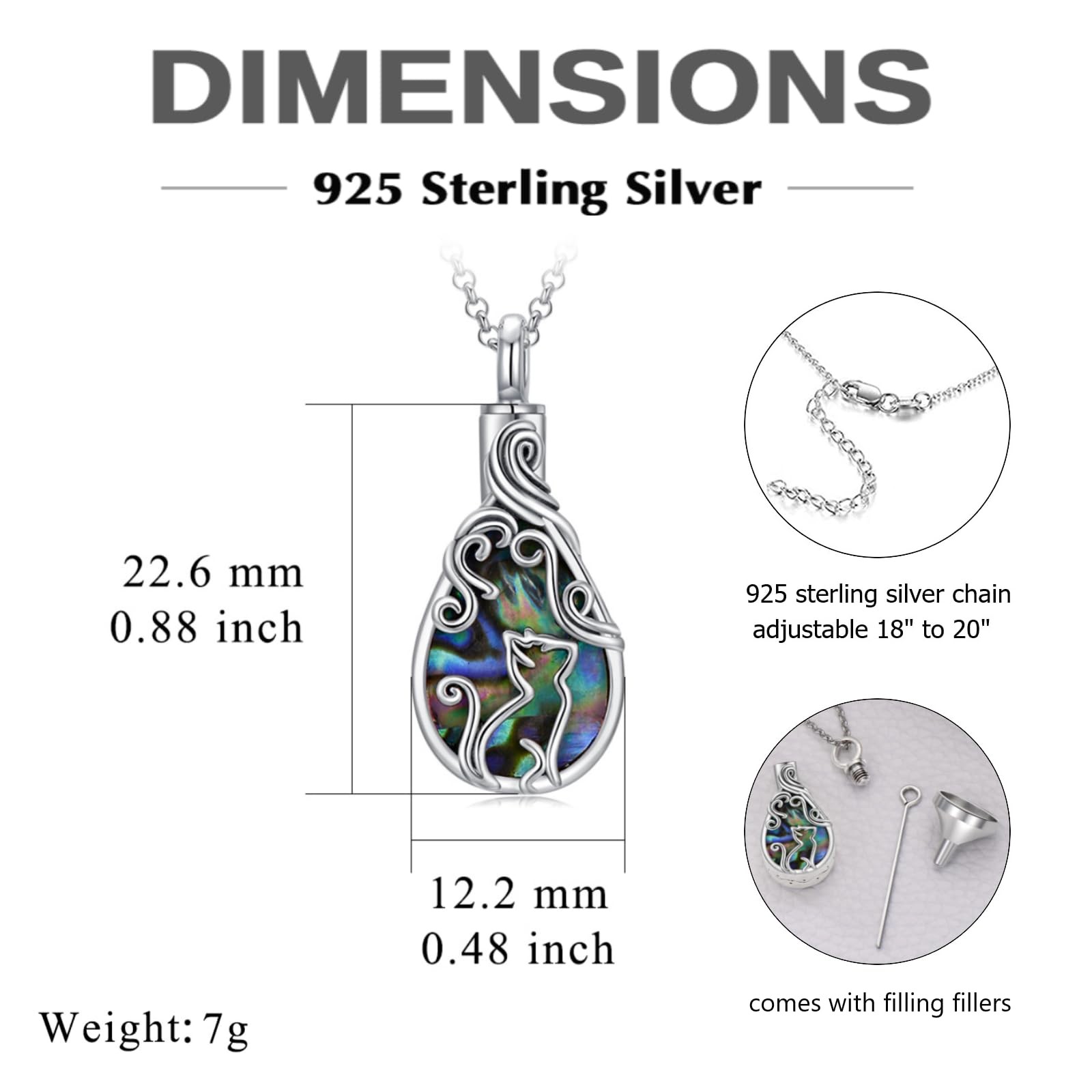 PELOVNY Cat Ashes Necklace 925 Sterling Silver Teardrop Abalone Pet Urn Neckl…