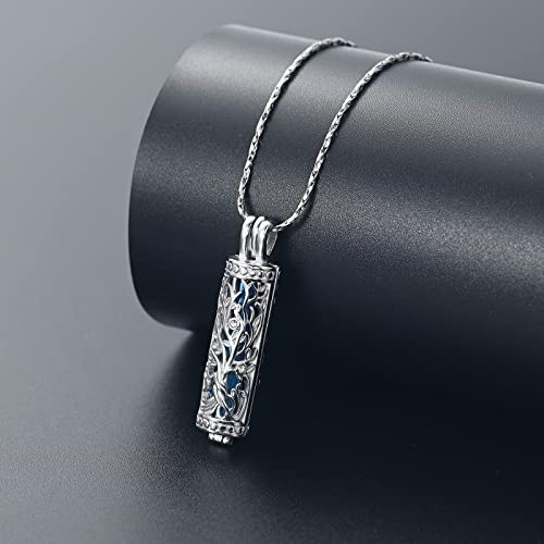 Urn Necklace for Ashes with Hollow Vial Cylinder Cremation Jewelry Silver-blue