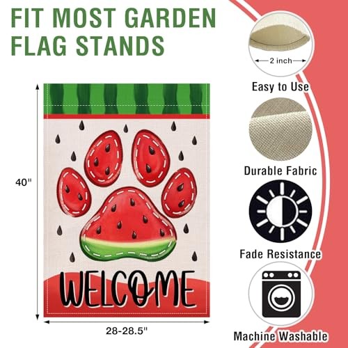 Welcome Summer Dog Cat Paw Print Large Decorative House Flag, Watermelon Yard