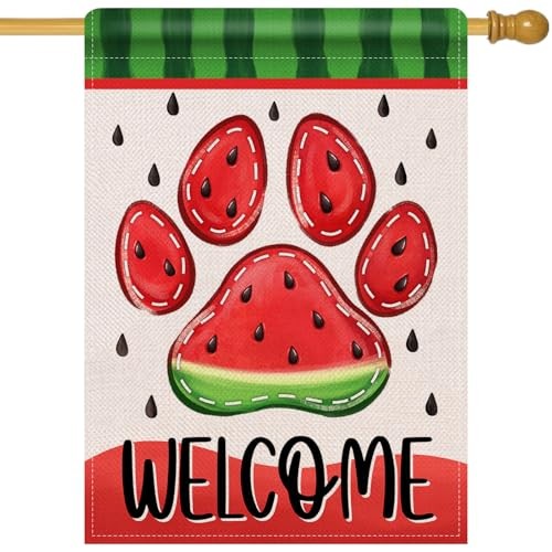 Welcome Summer Dog Cat Paw Print Large Decorative House Flag, Watermelon Yard