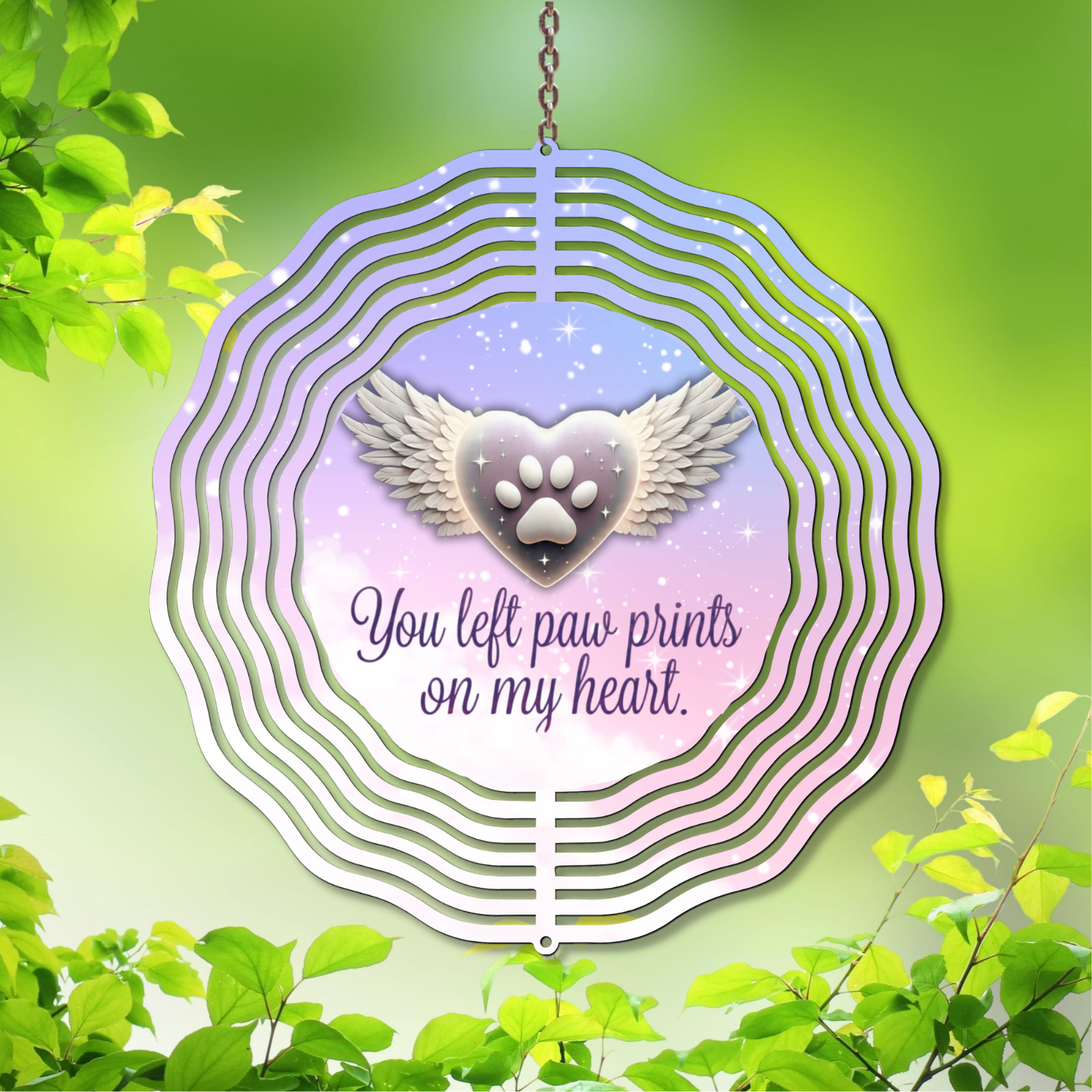Pet Memorial Wind Spinner – Angel Wings Heart, “You Left Paw Prints on My Heart