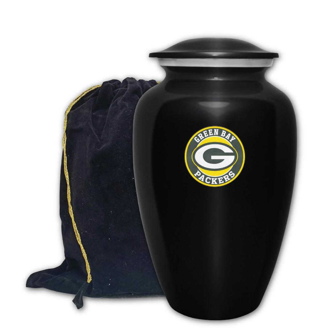 Large Green Bay Football Theme Cremation Black 10” Urn Adult Human Ashes w/Bag