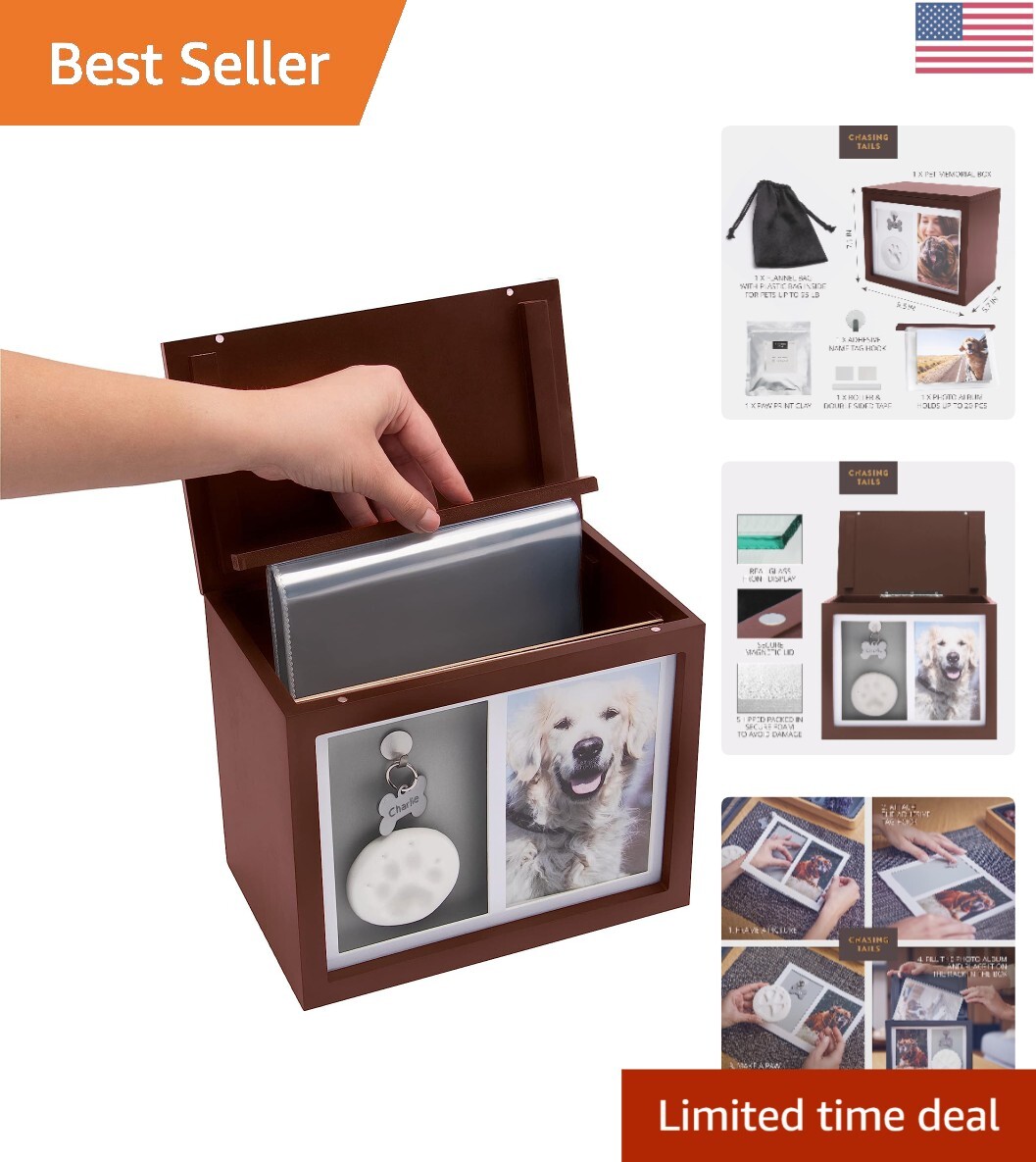 Spacious Pet Urns for Dogs Ashes – Keepsake Box with Tag Hook and Photo Album