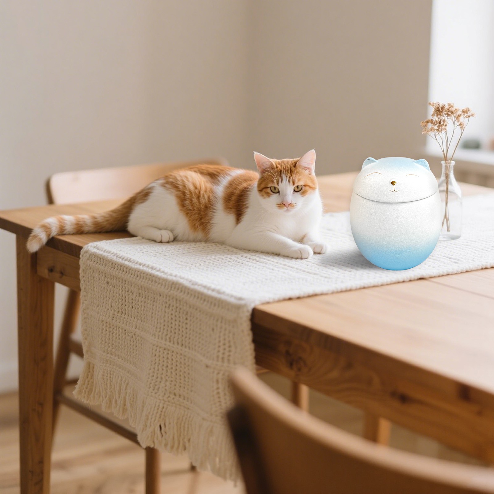 Blue-White Gradient Smiley Cat Shaped Pet Urn For Small Dog And Cat Ashes(L)