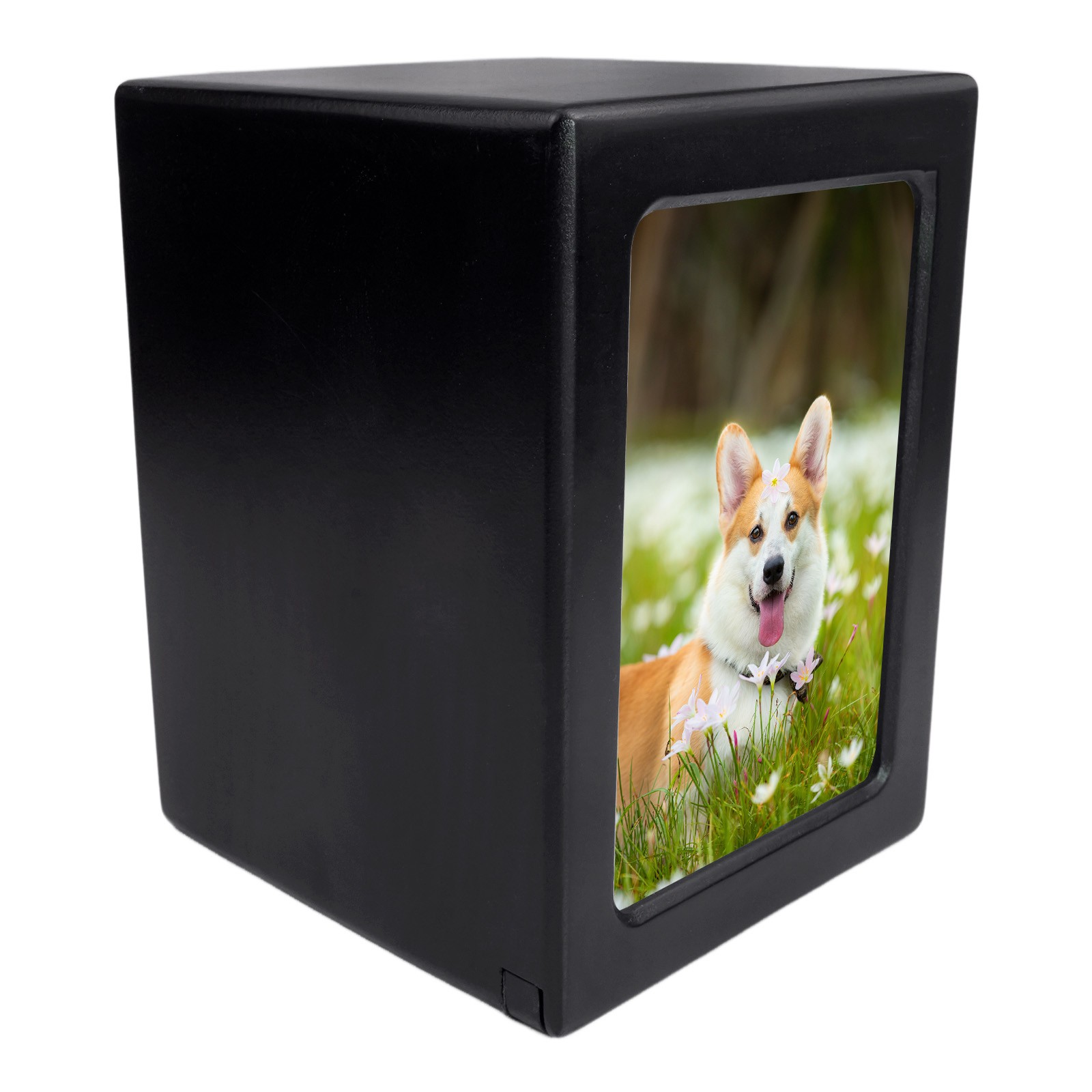 5 x 4.8in Black Wooden Funeral Cremation Urn with Photo Frame For Dogs And Cats